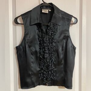 Studio 100% Silk V-Neck Ruffled Sleeveless Collared Zippered Black Tank UK14